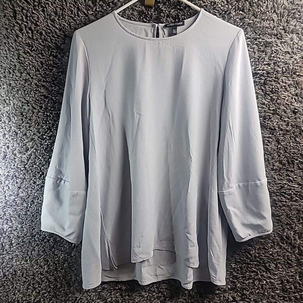 Eileen Fisher Top Women' XS Long Sleeve Pullover Gray Tunic Front Slit 100% Silk